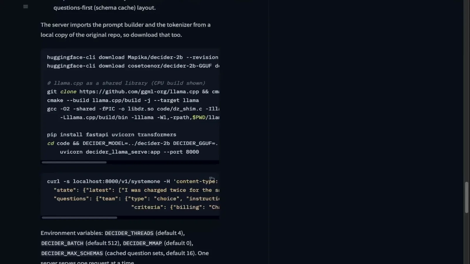 OpenJev README quick start section for integrating the Mspika decider with a pip install serve command and a curl smoke test against localhost 8000 v1 systemone