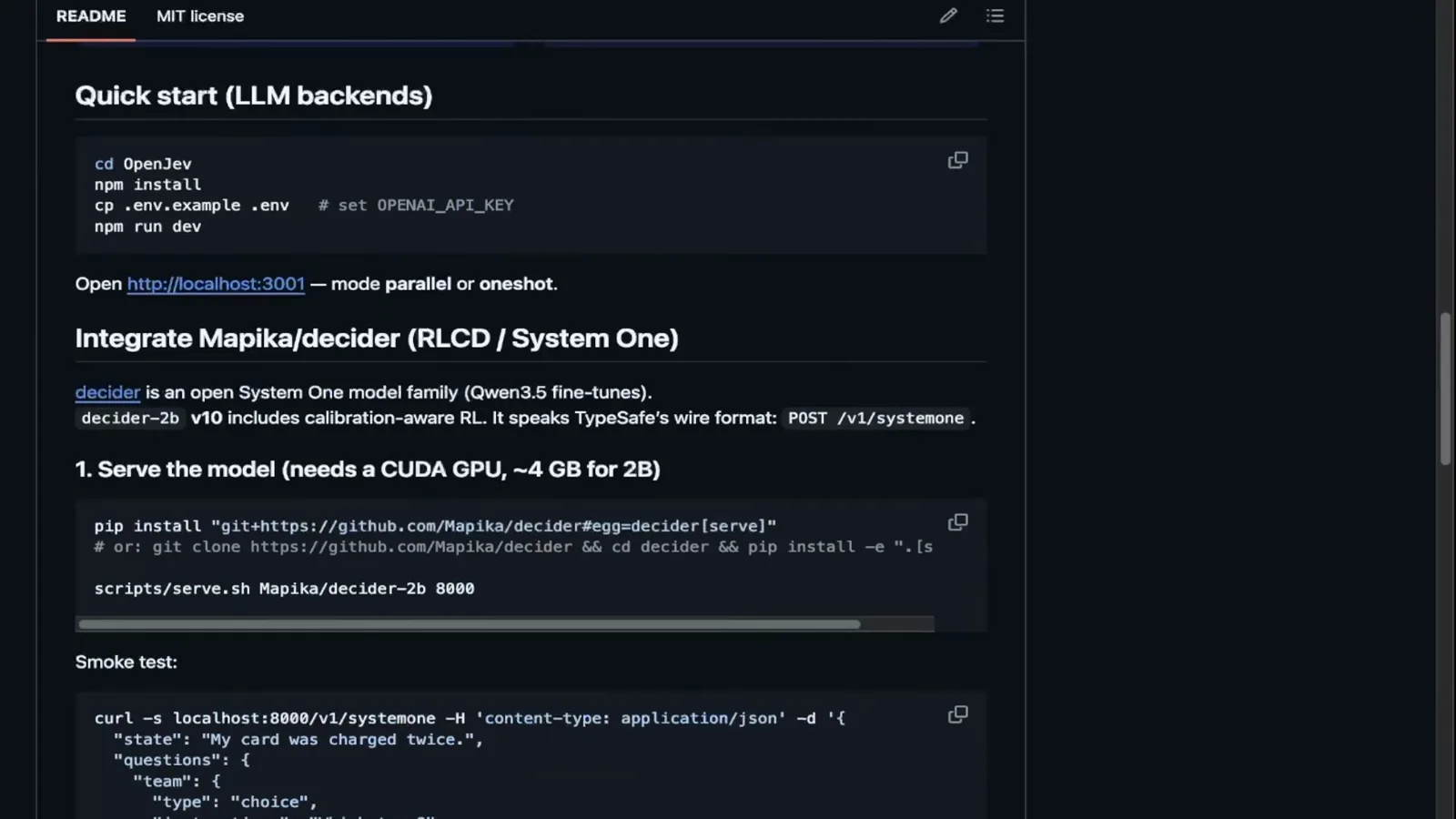Decoder README showing the Point OpenJev at it step with a curl POST evaluate payload containing department choice options and an urgency question plus the DECODER_BASE_URL environment variable