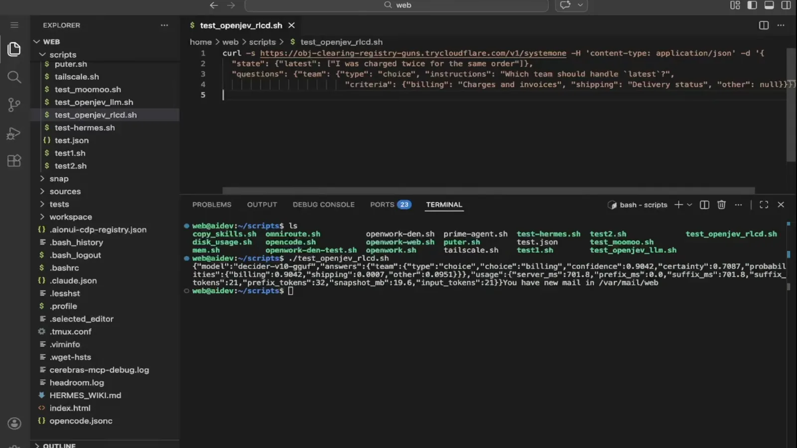 VS Code terminal returning decoder verdict JSON with label, confidence and voter probabilities for a billing test case against the OpenJev RLCD decoder