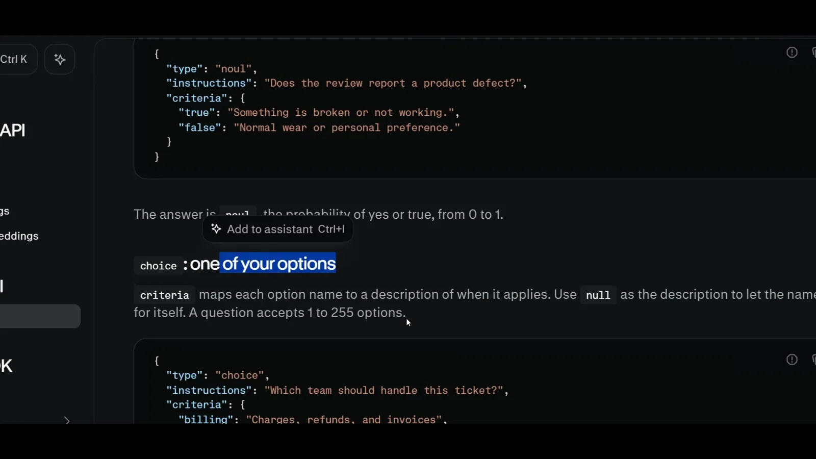 Perplexity docs example for the choice question type mapping ticket teams such as billing, shipping and other in a criteria object, with a 1 to 255 options limit. Perplexity docs example for the choice question type mapping ticket teams such as billing, shipping and other in a criteria object, with a 1 to 255 options limit.