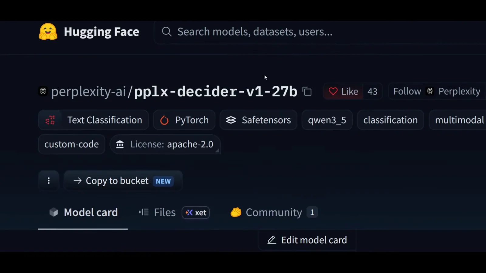 Hugging Face model card for perplexity-ai/pplx-decider-v1-27b listing the apache-2.0 license chip beside Text Classification, PyTorch, Safetensors, qwen3_5 and multimodal tags. Hugging Face model card for perplexity-ai/pplx-decider-v1-27b listing the apache-2.0 license chip beside Text Classification, PyTorch, Safetensors, qwen3_5 and multimodal tags.