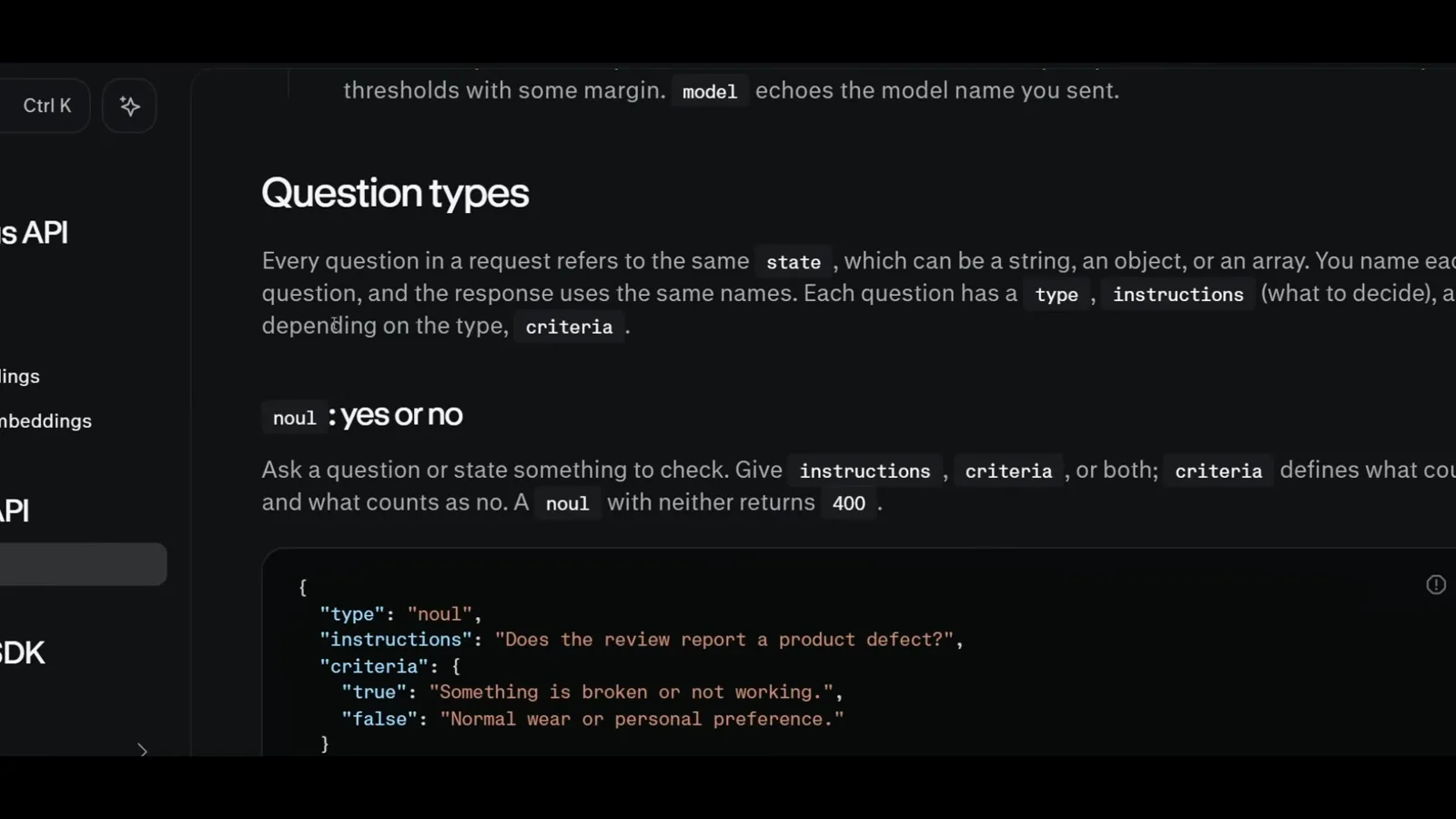 Perplexity docs section for the noul question type showing a JSON example that asks whether a review reports a product defect, with true and false criteria. Perplexity docs section for the noul question type showing a JSON example that asks whether a review reports a product defect, with true and false criteria.
