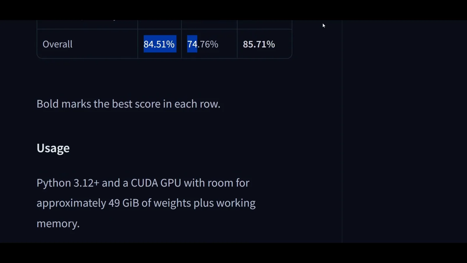 Benchmark table Overall row showing 84.51 percent for Jev, 74.76 percent for Qwen3.8-27B and 85.71 percent for pplx-decider-v1-27b, above a Usage note requiring Python 3.12 and roughly 49 GiB of GPU memory. Benchmark table Overall row showing 84.51 percent for Jev, 74.76 percent for Qwen3.8-27B and 85.71 percent for pplx-decider-v1-27b, above a Usage note requiring Python 3.12 and roughly 49 GiB of GPU memory.