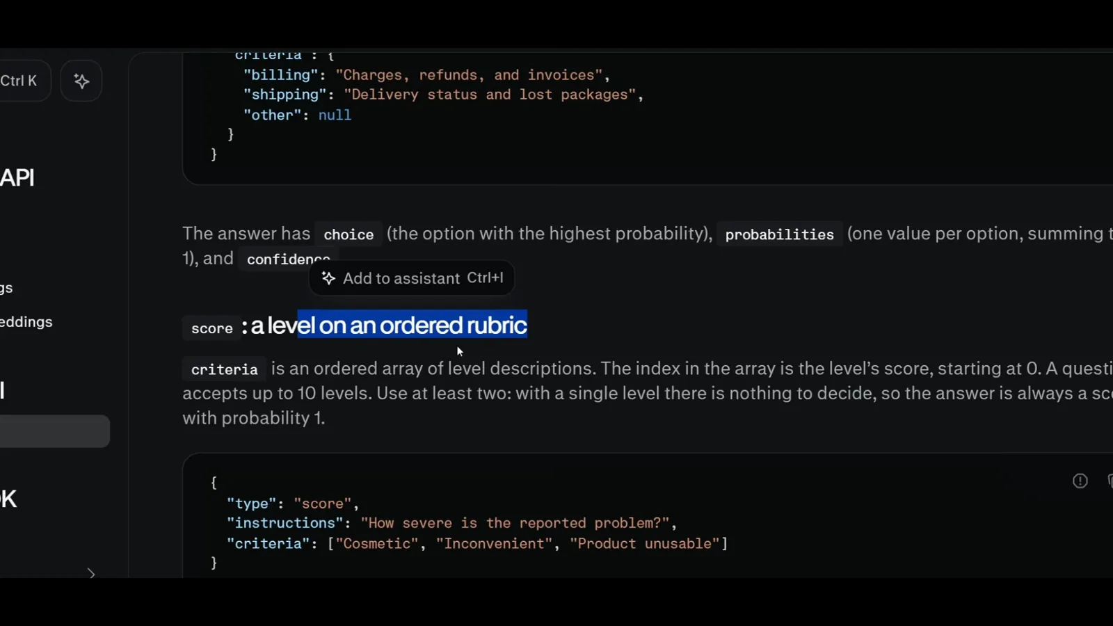 Perplexity docs section for the score question type grading severity on an ordered Cosmetic, Inconvenient, Product unusable rubric, with the JSON criteria array below. Perplexity docs section for the score question type grading severity on an ordered Cosmetic, Inconvenient, Product unusable rubric, with the JSON criteria array below.