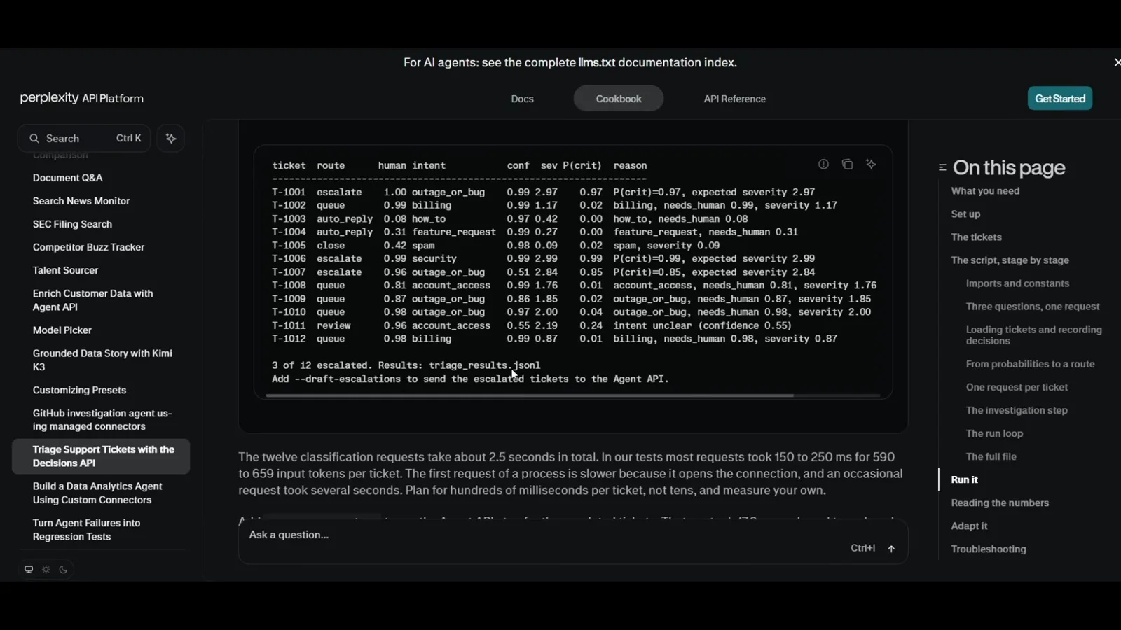 Perplexity cookbook terminal table listing tickets T-1001 through T-1012 with routes, confidences and P(crit) values, printing 3 of 12 escalated and the --draft-escalations flag for the Agent API. Perplexity cookbook terminal table listing tickets T-1001 through T-1012 with routes, confidences and P(crit) values, printing 3 of 12 escalated and the --draft-escalations flag for the Agent API.