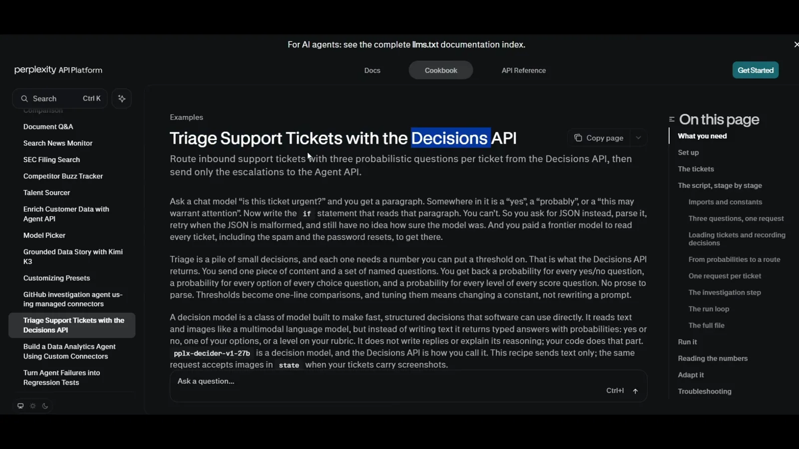 Perplexity cookbook page titled Triage Support Tickets with the Decisions API explaining three probabilistic questions per ticket with only the escalations sent to the Agent API. Perplexity cookbook page titled Triage Support Tickets with the Decisions API explaining three probabilistic questions per ticket with only the escalations sent to the Agent API.